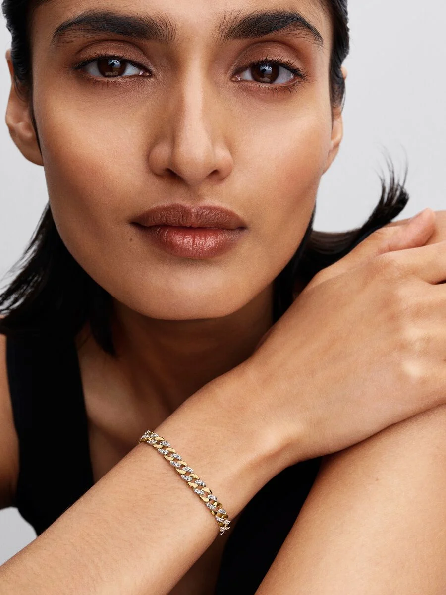 Bracciale Catena Maglia Cubana Bicolore con Pavè Argento Sterling 925, Placcatura in Oro 14k Pandora 564229C01