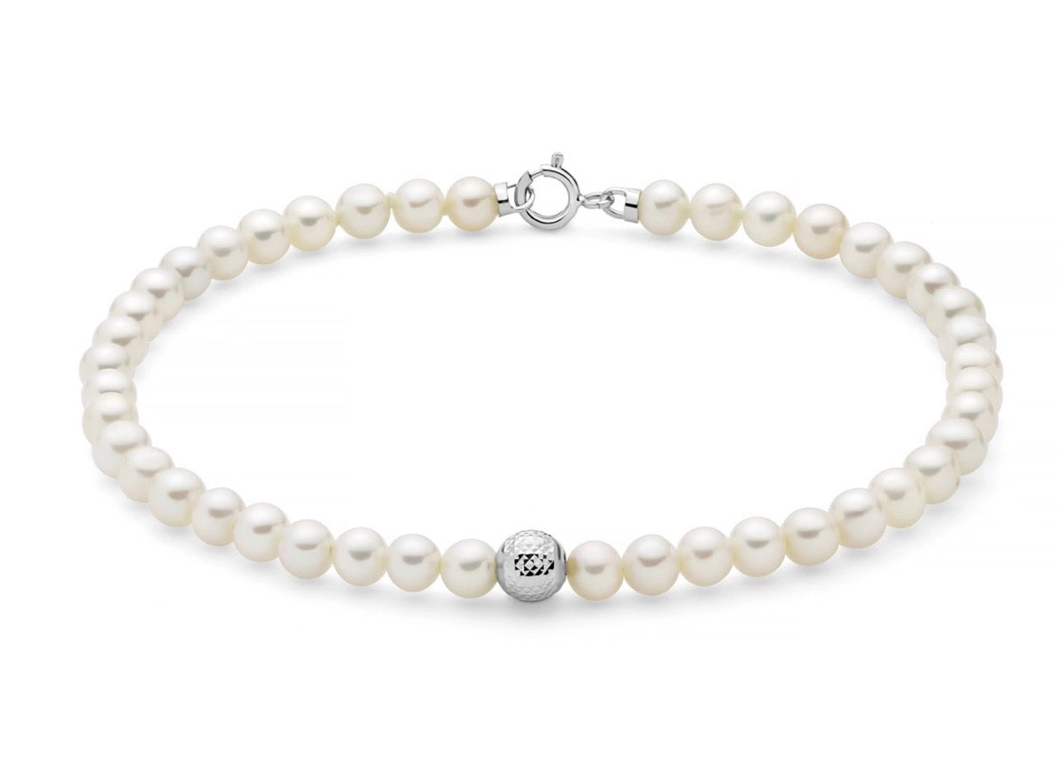 Bracciale di Perle Boule E Fantasia con centrale in Oro Bianco 4-4,5mm Miluna PBR3713