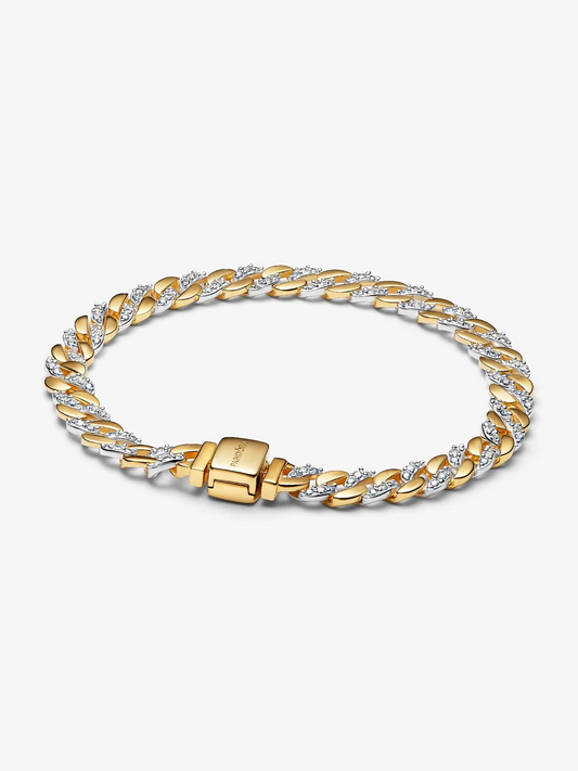 Bracciale Catena Maglia Cubana Bicolore con Pavè Argento Sterling 925, Placcatura in Oro 14k Pandora 564229C01