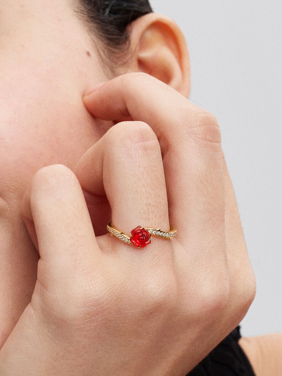 Disney, La Bella e La Bestia, Anello Rosa Incantata Vetro di Murano Placcatura in Oro 14k 163984C01
