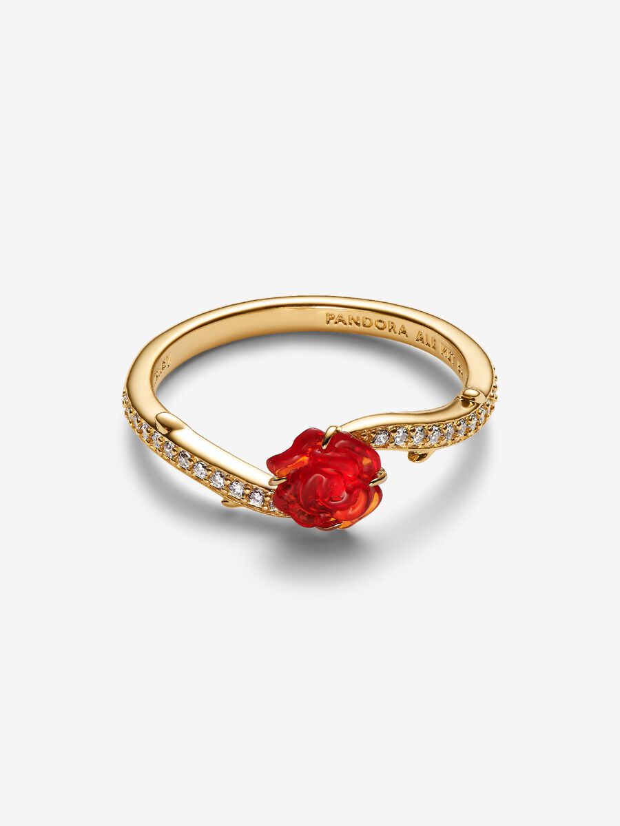 Disney, La Bella e La Bestia, Anello Rosa Incantata Vetro di Murano Placcatura in Oro 14k 163984C01