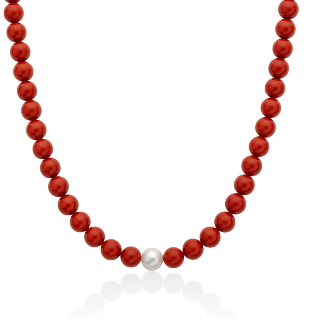 Collana “Terra e Mare” in Pasta di Corallo Rosso e Argento 925 con Perla Bianca Miluna PCL4437