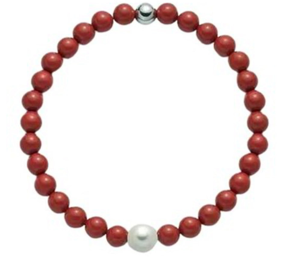 Bracciale “Terra e Mare” in Pasta di Corallo Rosso e Argento 925 con Perla Bianca Miluna PBR3208