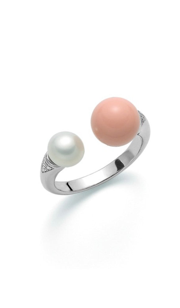 Anello “Terra e Mare” in Pasta di Corallo Rosa e Perla in Argento925 Miluna PLI1602