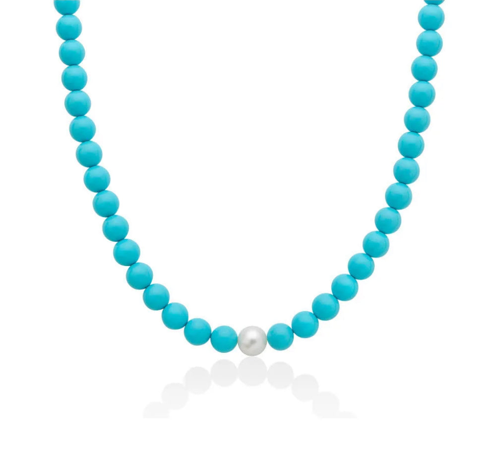Collana “Terra e Mare” in Pasta di Corallo Turchese con Perla in Argento925 Miluna PCL4432