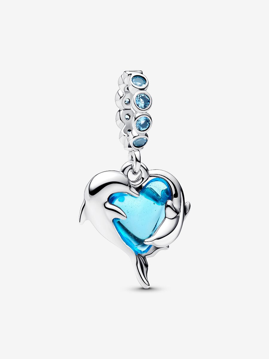 Charm Pendente Delfini e Cuore Vetro di Murano Argento Sterling 925 Pandora 793924C01