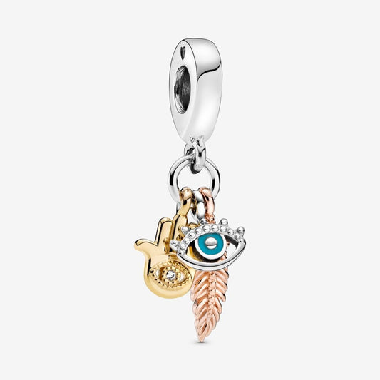 Charm pendente Spiritualità con mano di Fatima, occhio onniveggente e piuma Pandora 768785C01