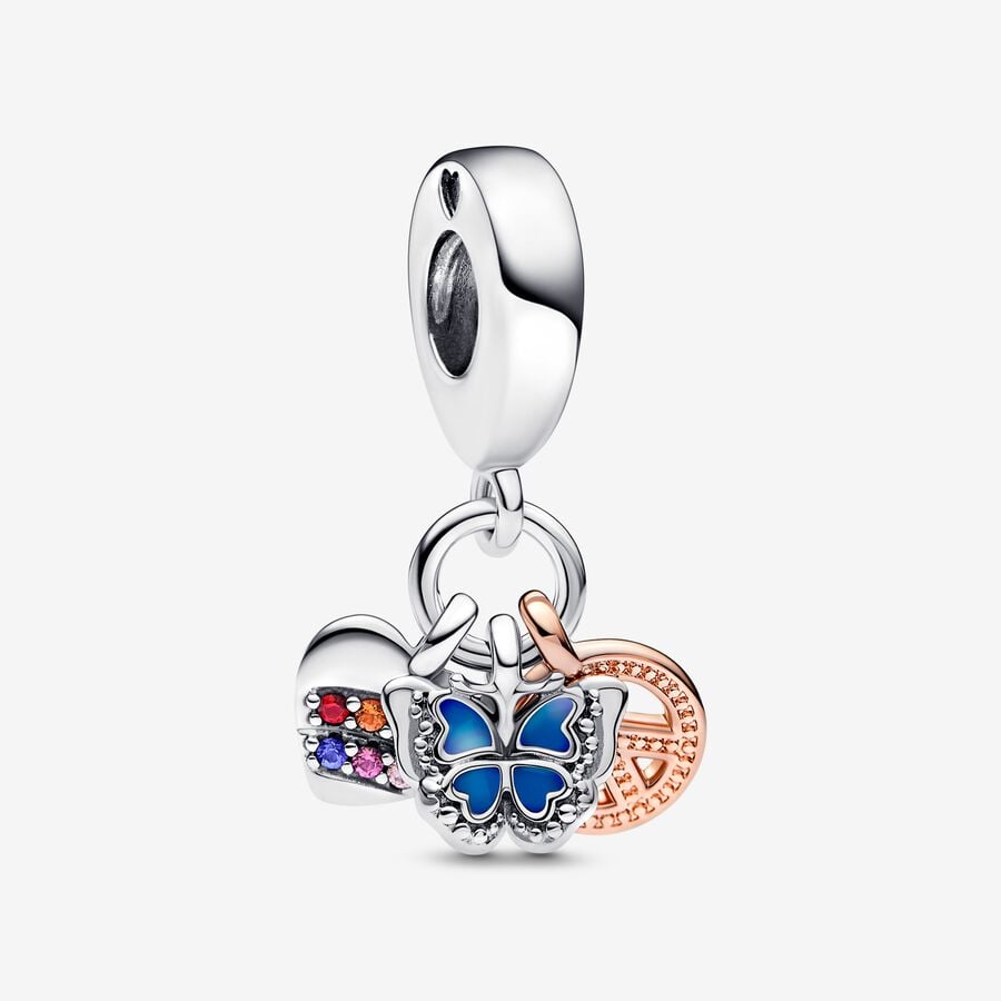 Charm Pandora pendente bicolore triplo Cuore Arcobaleno, Farfalla e Pace 782572C01