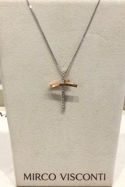 Girocollo Croce in Oro Bianche e Oro Rosa Con Diamanti Mirco Visconti BR782