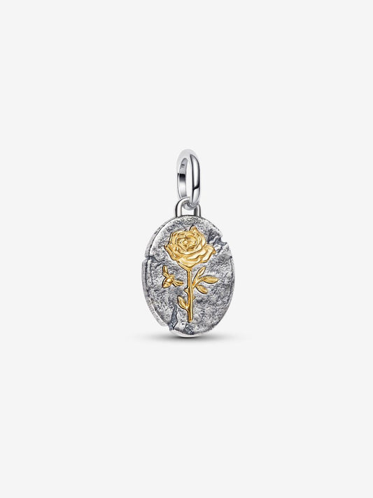 Charm Medallion Rosa "Rosa Inter Spinas Crescit" Argento Sterling 925, Placcatura in Oro 14k Pandora 764087C00