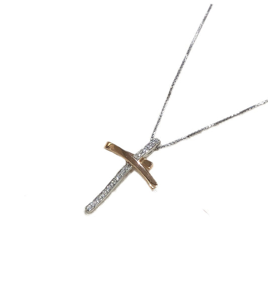 Girocollo Croce in Oro Bianche e Oro Rosa Con Diamanti Mirco Visconti BR782
