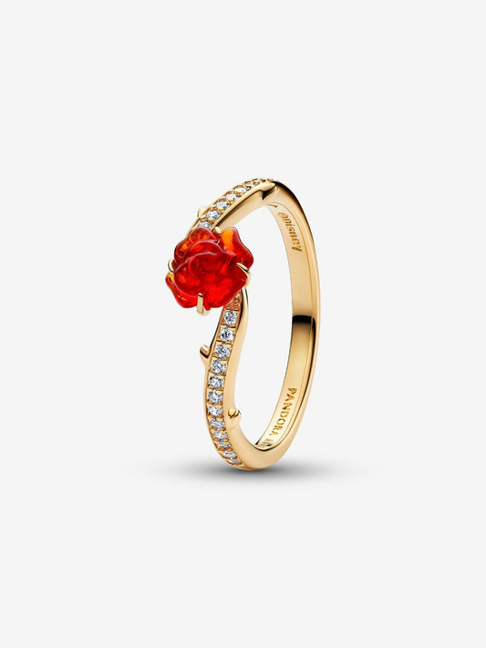 Disney, La Bella e La Bestia, Anello Rosa Incantata Vetro di Murano Placcatura in Oro 14k 163984C01