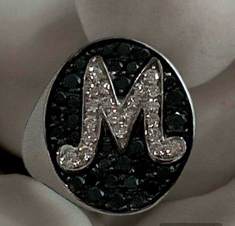 Initial M Chevalier Ring in 18 Kt White Gold and Diamonds Crivelli 303-334-M