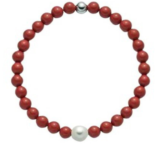 Bracciale “Terra e Mare” in Pasta di Corallo Rosso e Argento 925 con Perla Bianca Miluna PBR3208