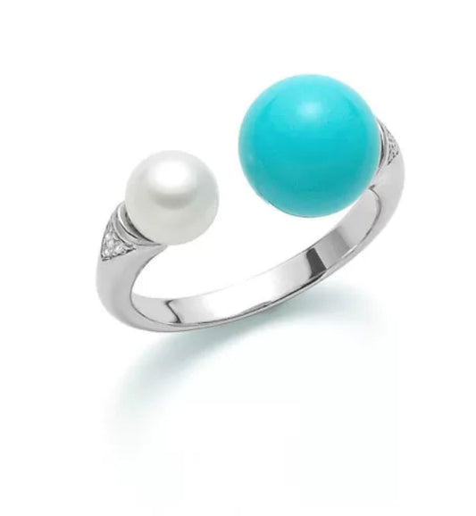 Anello “Terra e Mare” in Pasta di Corallo Turchese e Perla in Argento925 Miluna PLI1511