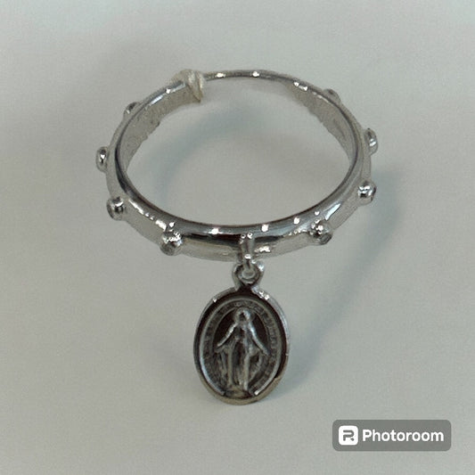 Rosary Ring in 18 Kt White Gold and Diamonds with Madonnina Pendant 212-L523